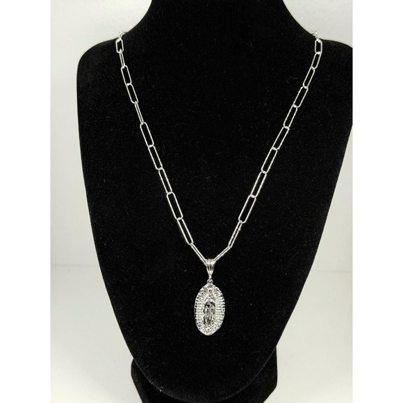 Jewelry - Virgin Mary Guadalupe Pendant Necklace Silver Tone Paperclip Chain 21 In
